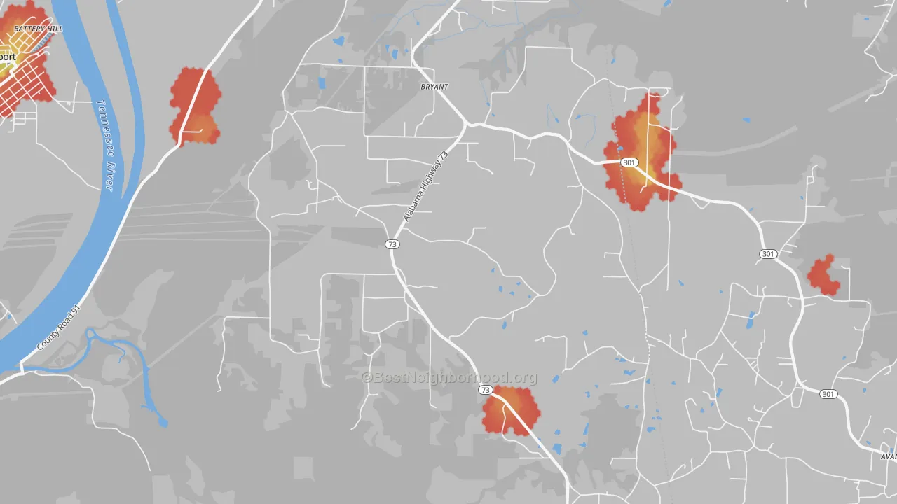 Walk Grade map of Bryant, AL, walkable areas in green and car-dependent areas in red