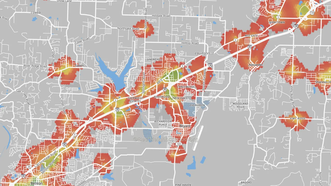 Walk Grade map of Bryant, AR, walkable areas in green and car-dependent areas in red