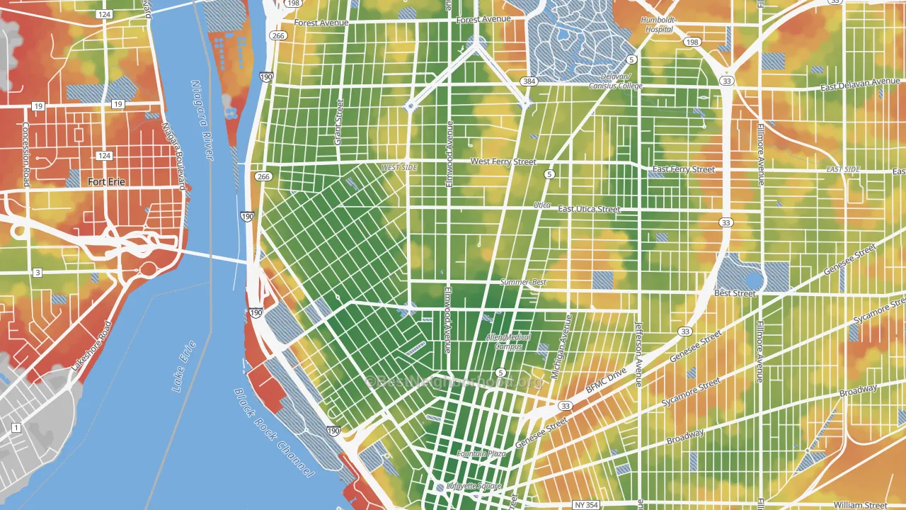 Walk Grade map of Bryant, Buffalo, NY, walkable areas in green and car-dependent areas in red