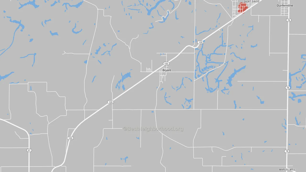 Walk Grade map of Bryant, IL, walkable areas in green and car-dependent areas in red
