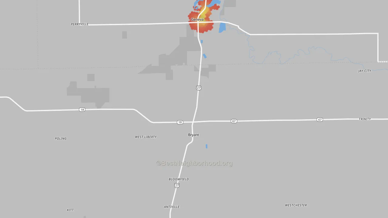 Walk Grade map of Bryant, IN, walkable areas in green and car-dependent areas in red