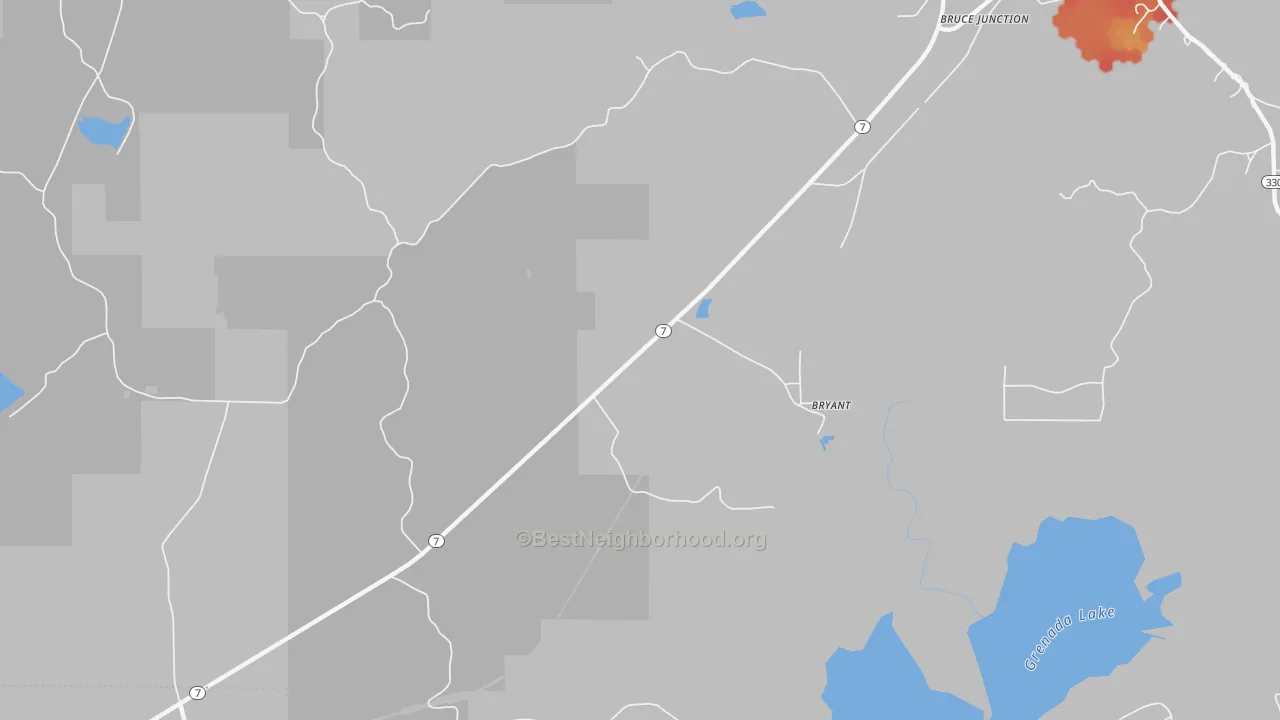 Walk Grade map of Bryant, MS, walkable areas in green and car-dependent areas in red