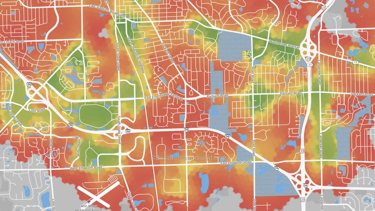 Walk Grade map of Bryant Pattengill East, Ann Arbor, MI, walkable areas in green and car-dependent areas in red