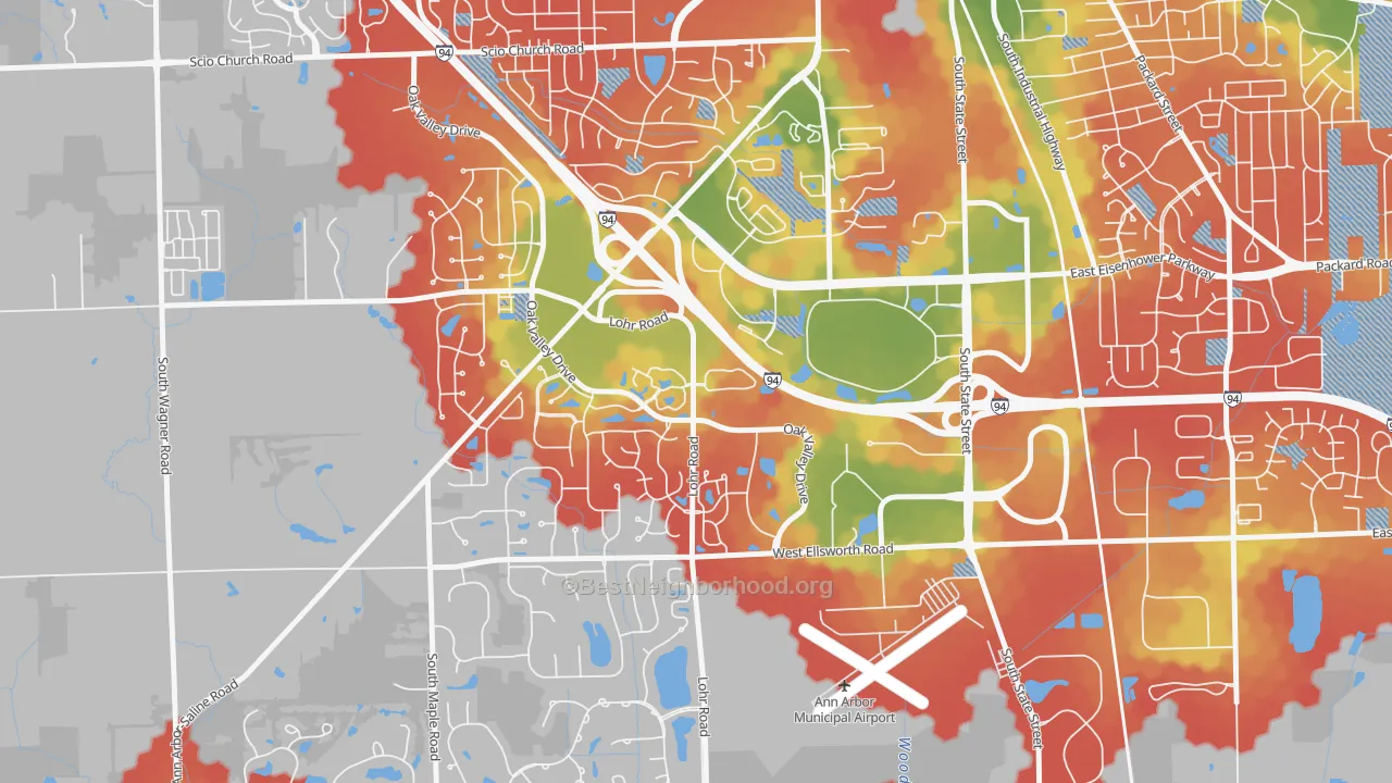 Walk Grade map of Bryant Pattengill West, Ann Arbor, MI, walkable areas in green and car-dependent areas in red