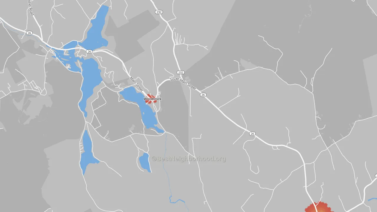 Walk Grade map of Bryant Pond, ME, walkable areas in green and car-dependent areas in red