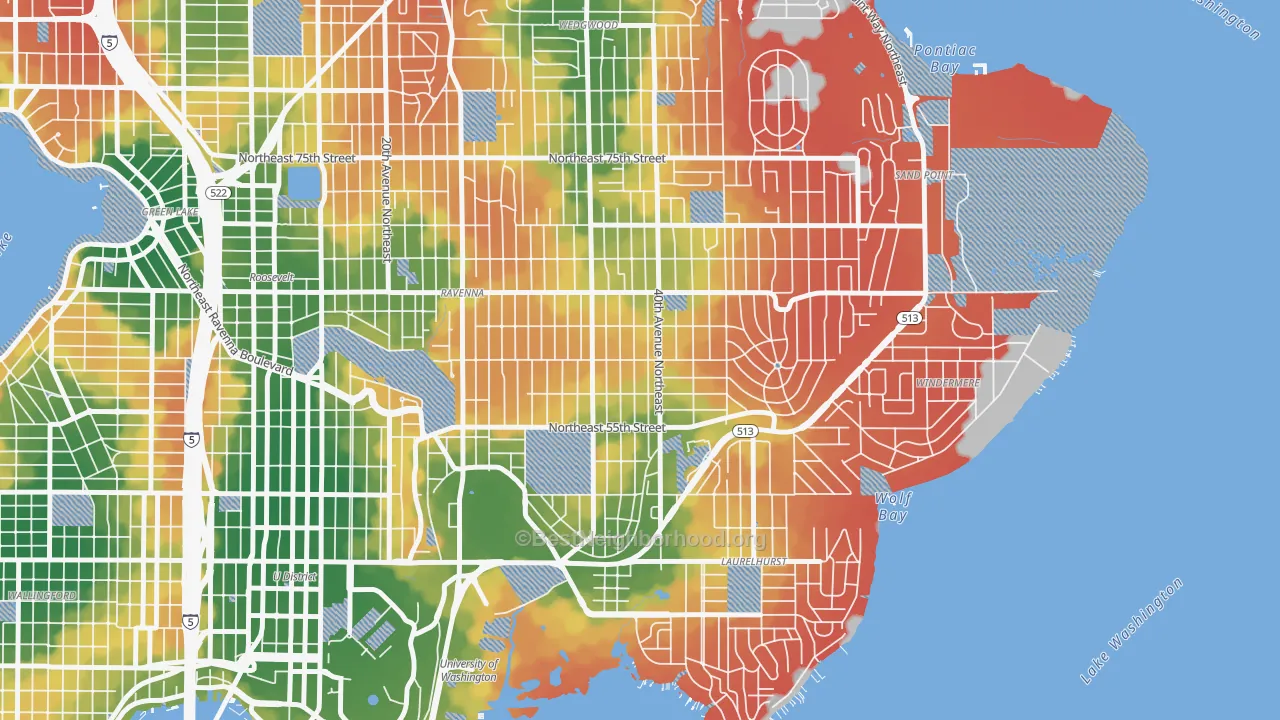 Walk Grade map of Bryant, Seattle, WA, walkable areas in green and car-dependent areas in red