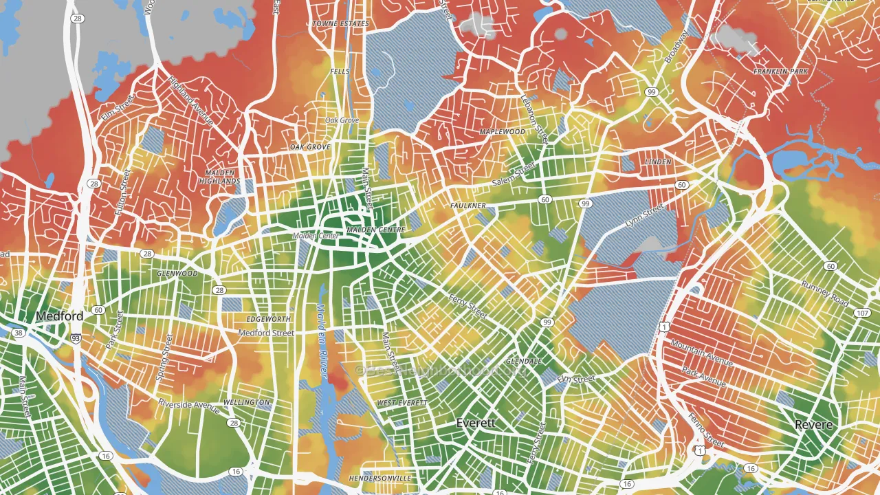 Walk Grade map of Bryant Terrace, Malden, MA, walkable areas in green and car-dependent areas in red