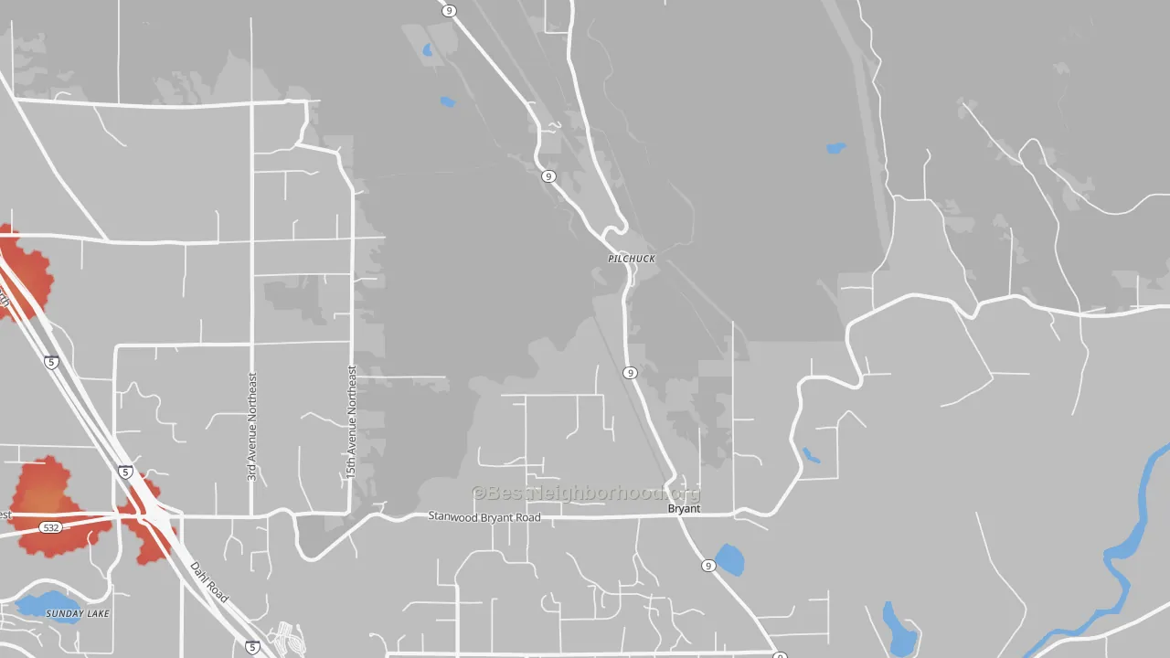 Walk Grade map of Bryant, WA, walkable areas in green and car-dependent areas in red