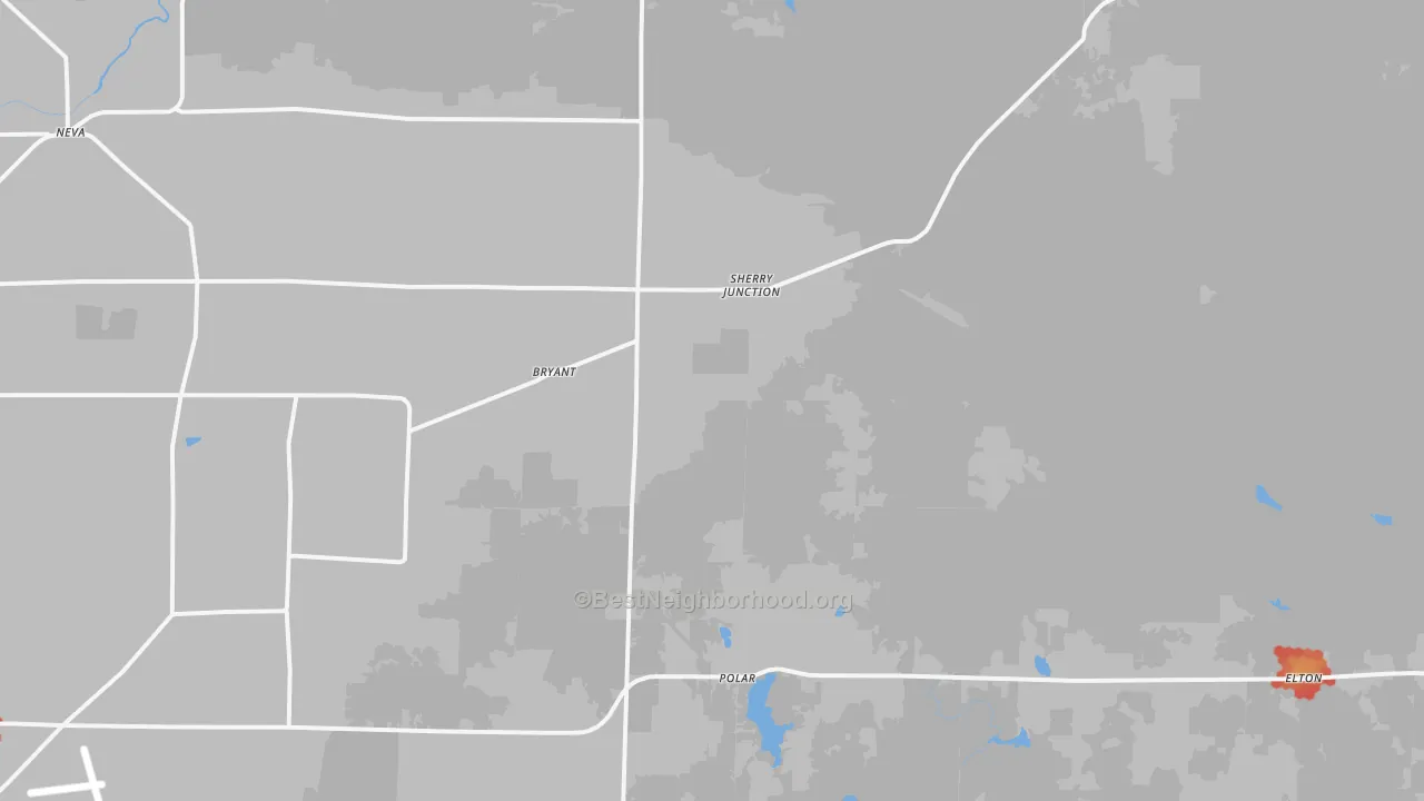 Walk Grade map of Bryant, WI, walkable areas in green and car-dependent areas in red