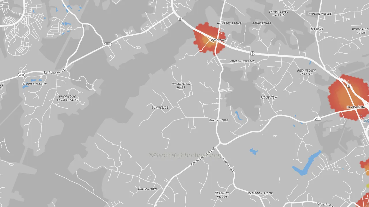Walk Grade map of Bryantown, MD, walkable areas in green and car-dependent areas in red