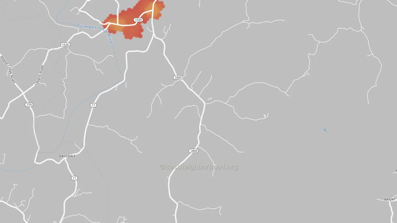 Walk Grade map of Bryants Store, KY, walkable areas in green and car-dependent areas in red