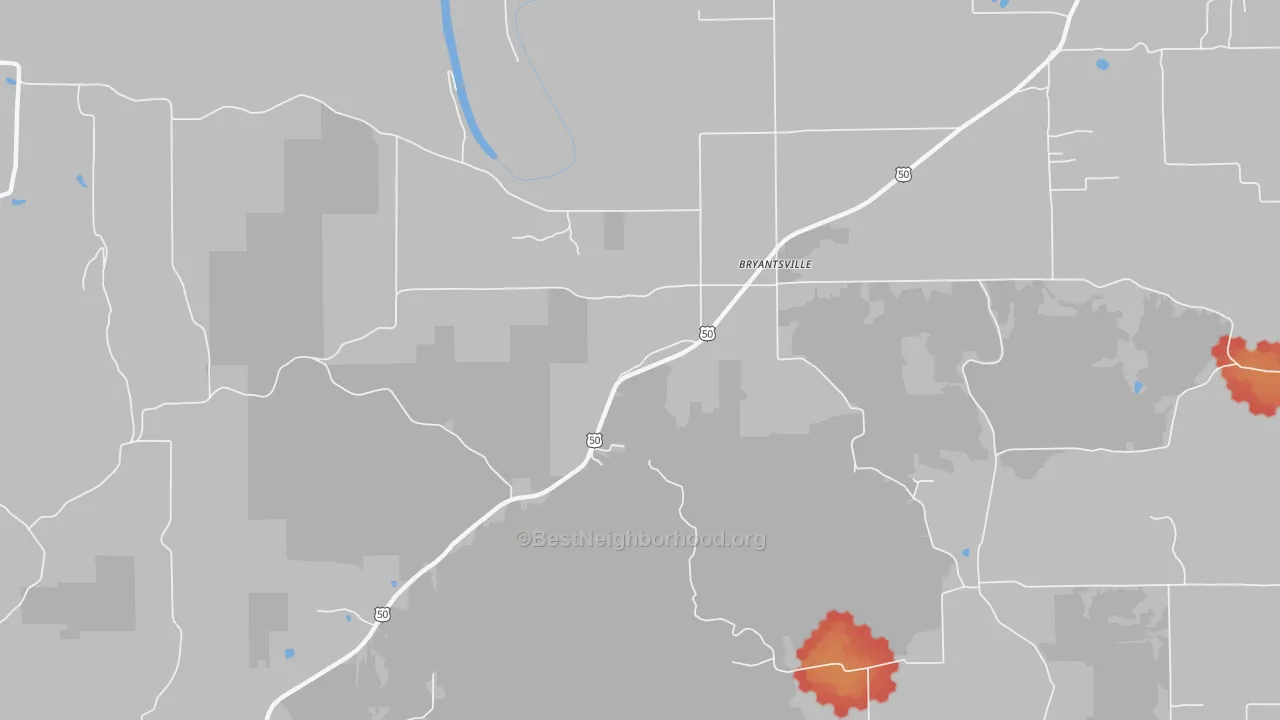Walk Grade map of Bryantsville, IN, walkable areas in green and car-dependent areas in red