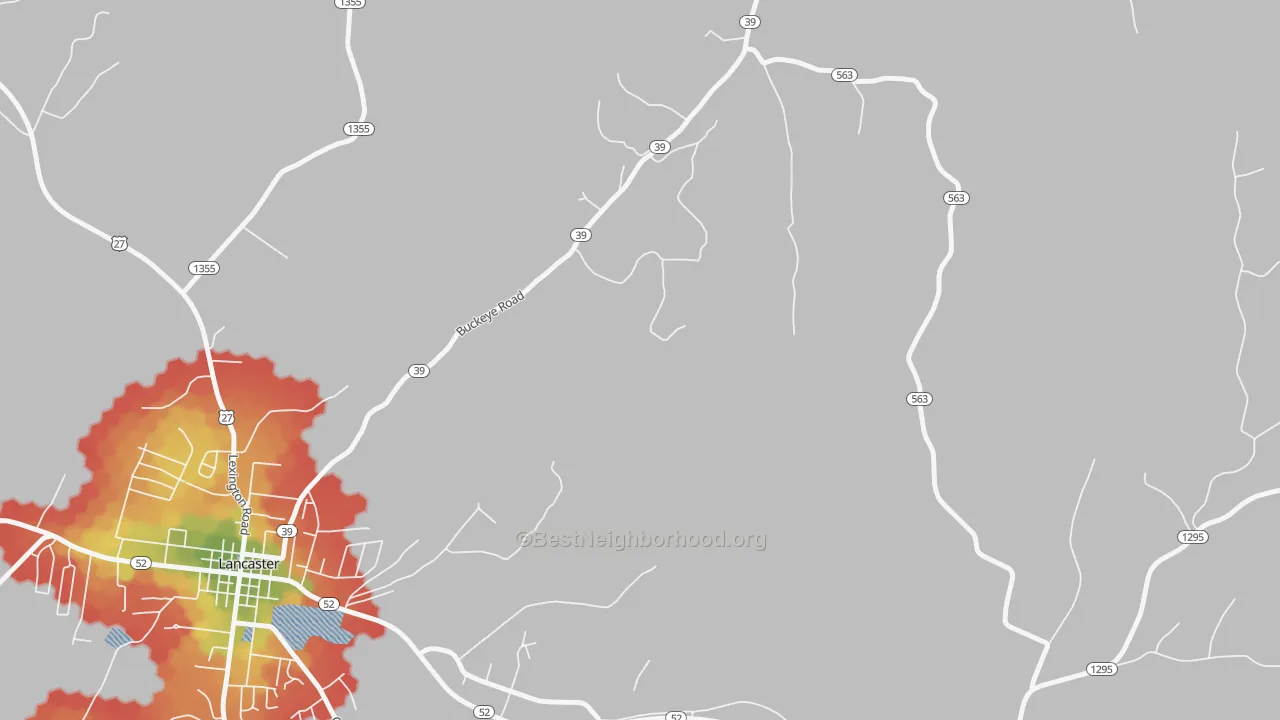 Walk Grade map of Bryantsville, KY, walkable areas in green and car-dependent areas in red