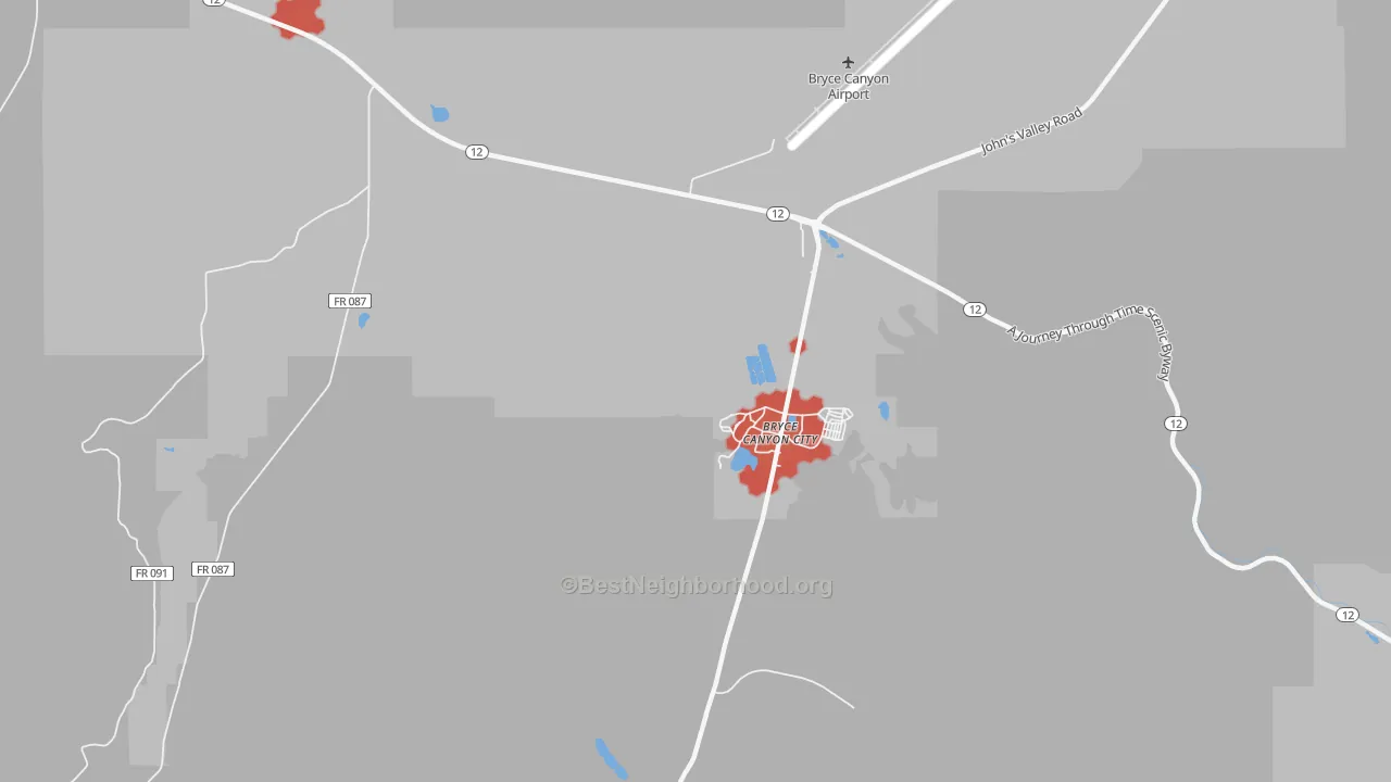 Walk Grade map of Bryce Canyon City, UT, walkable areas in green and car-dependent areas in red