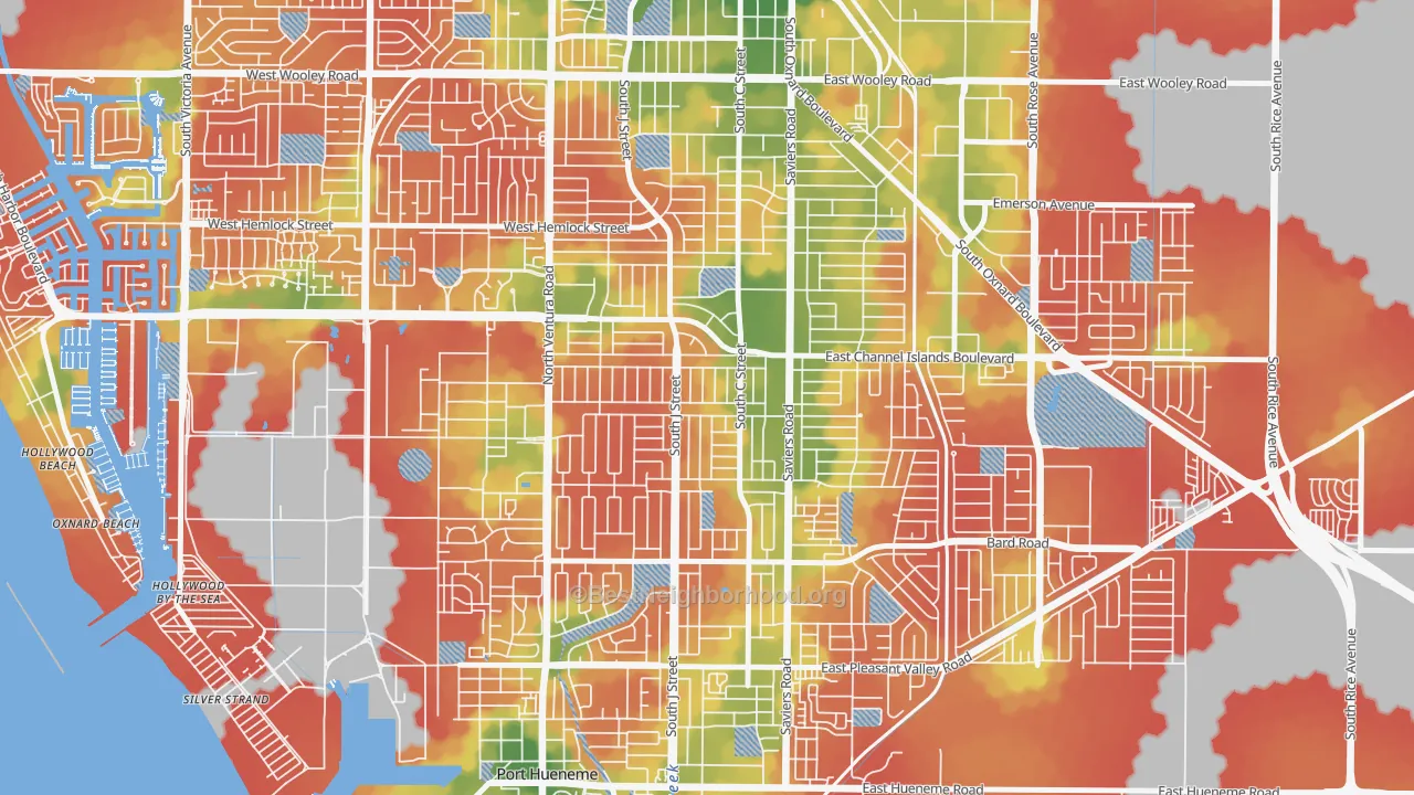 Walk Grade map of Bryce Canyon North, Oxnard, CA, walkable areas in green and car-dependent areas in red