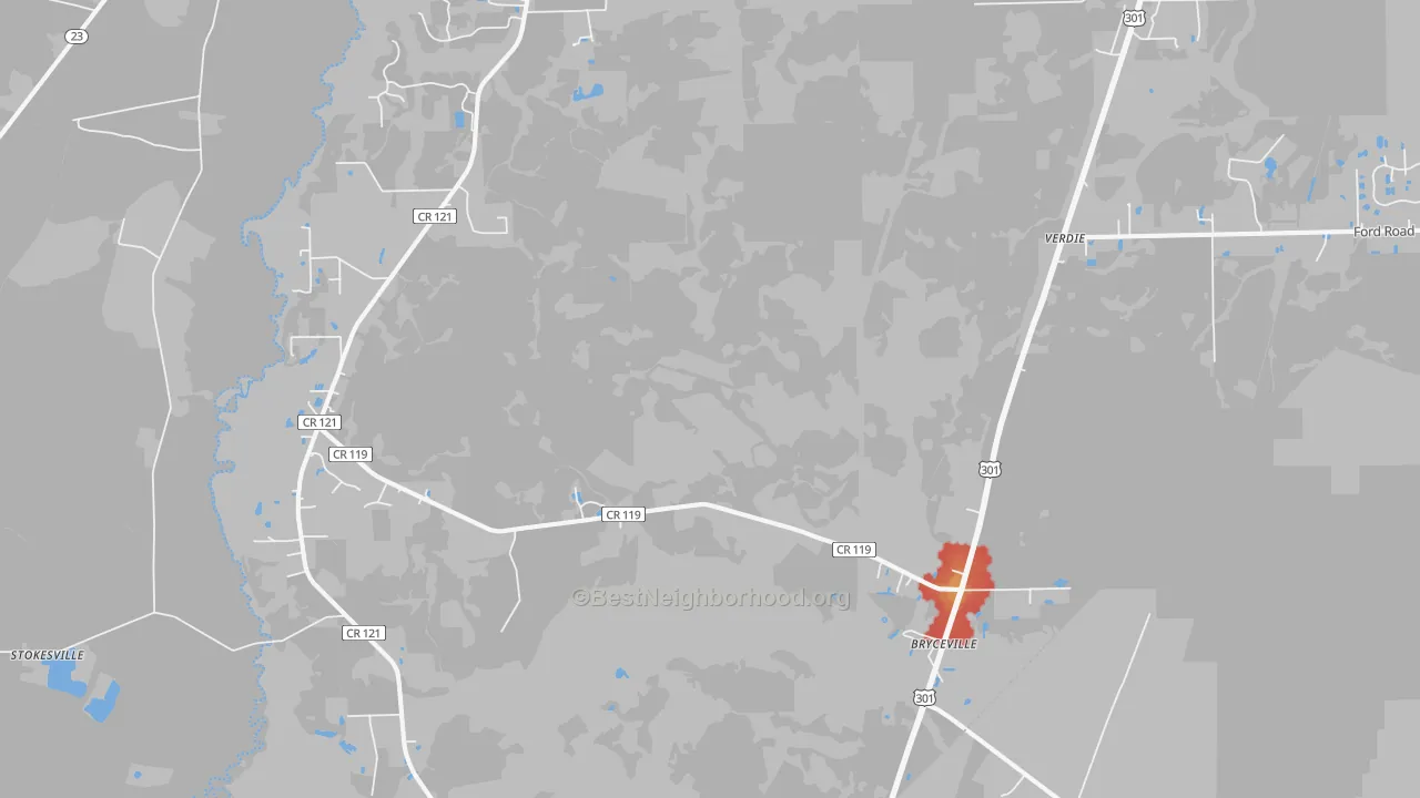 Walk Grade map of Bryceville, FL, walkable areas in green and car-dependent areas in red