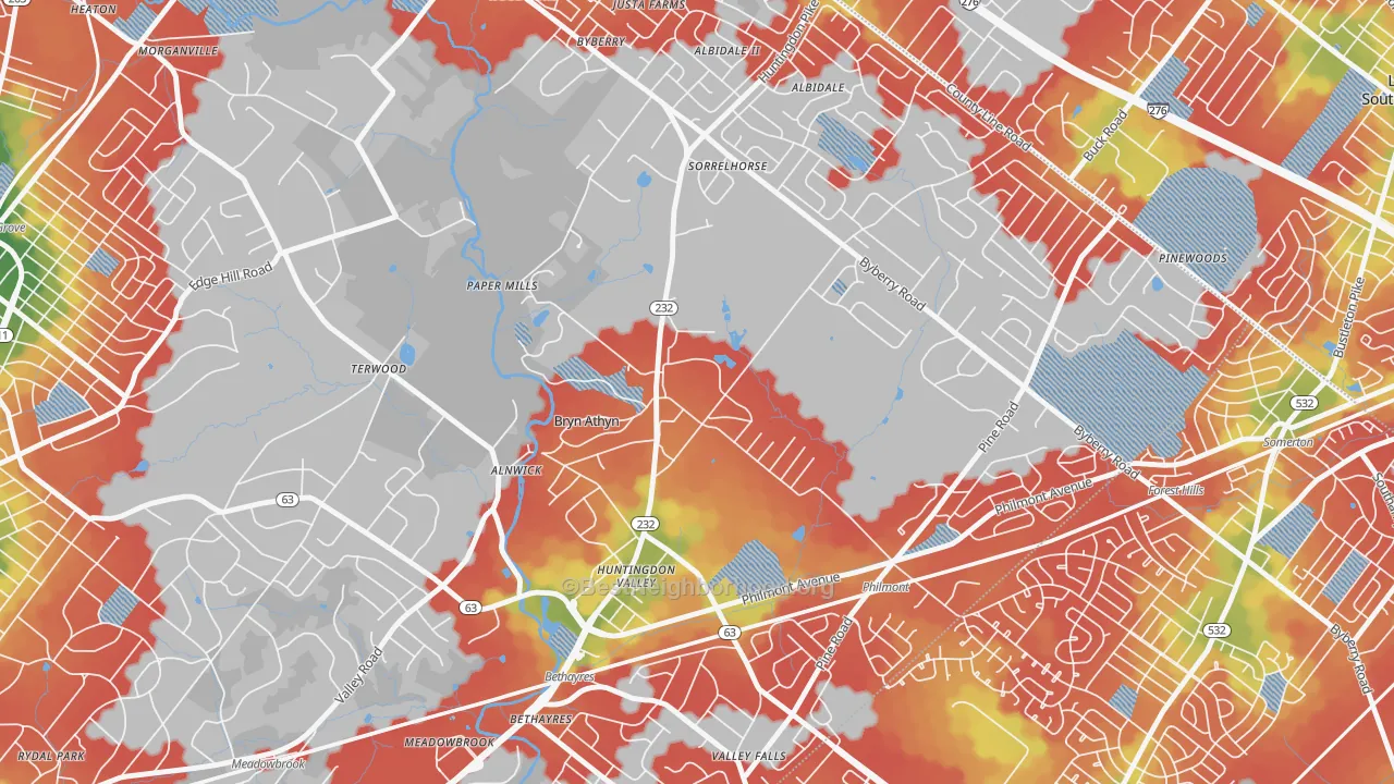Walk Grade map of Bryn Athyn, PA, walkable areas in green and car-dependent areas in red