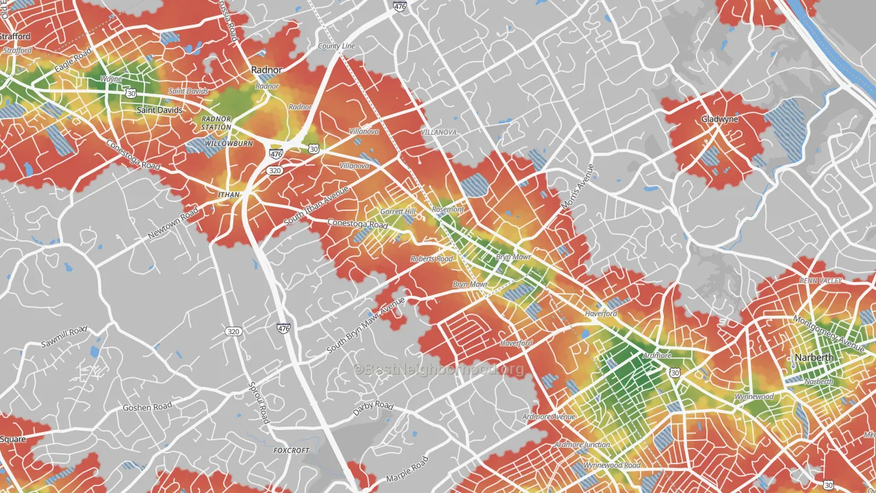 Walk Grade map of Bryn Mawr, PA, walkable areas in green and car-dependent areas in red