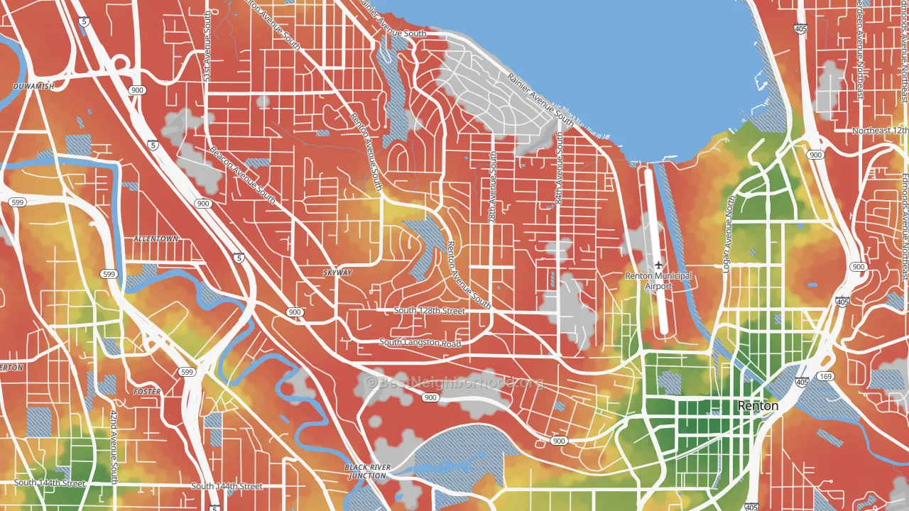 Walk Grade map of Bryn Mawr-Skyway, WA, walkable areas in green and car-dependent areas in red