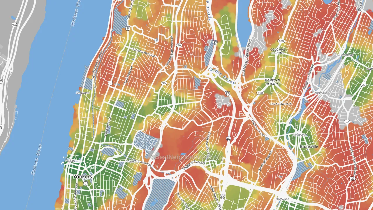 Walk Grade map of Bryn Mawr, Yonkers, NY, walkable areas in green and car-dependent areas in red