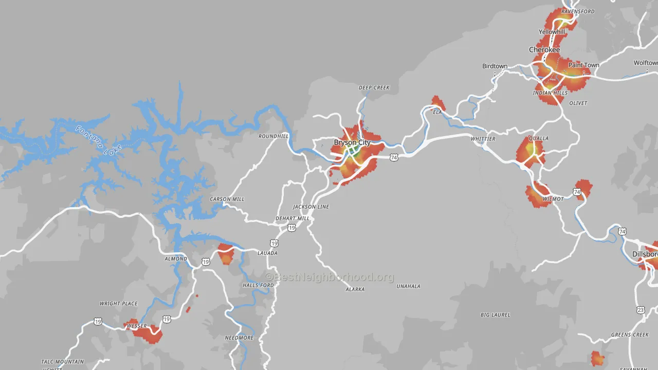Walk Grade map of Bryson City, NC, walkable areas in green and car-dependent areas in red