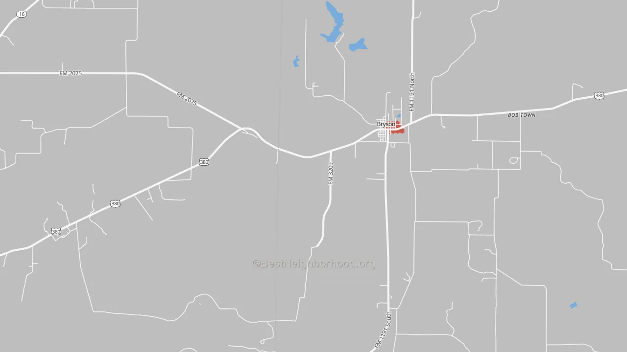 Walk Grade map of Bryson, TX, walkable areas in green and car-dependent areas in red