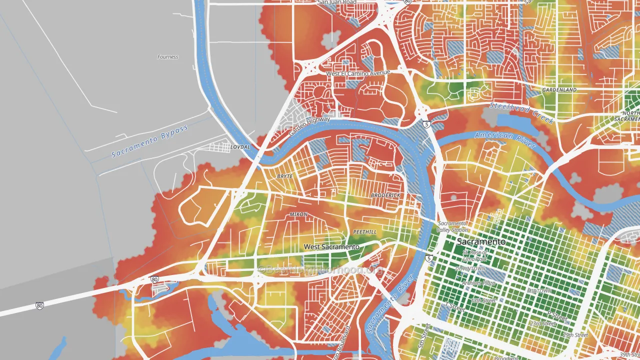 Walk Grade map of Bryte, West Sacramento, CA, walkable areas in green and car-dependent areas in red