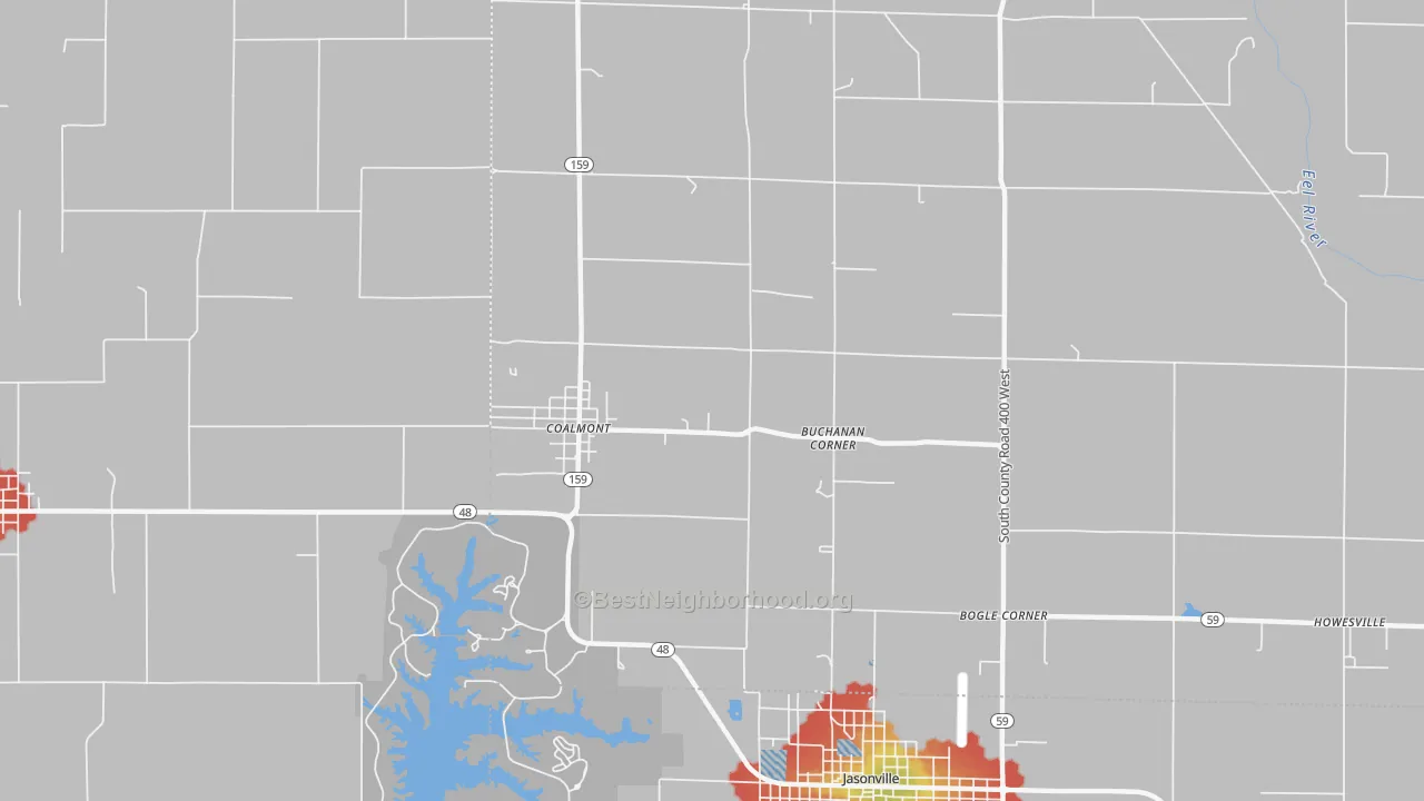 Walk Grade map of Buchanan Corner, IN, walkable areas in green and car-dependent areas in red