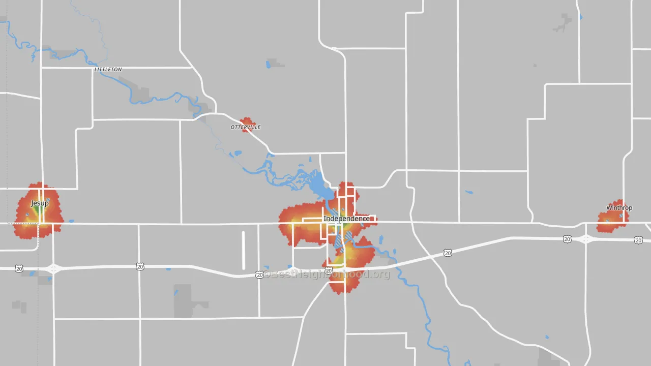 Walk Grade map of Buchanan County, IA, walkable areas in green and car-dependent areas in red