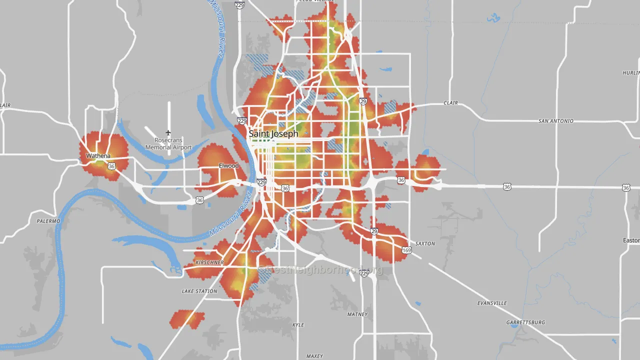 Walk Grade map of Buchanan County, MO, walkable areas in green and car-dependent areas in red
