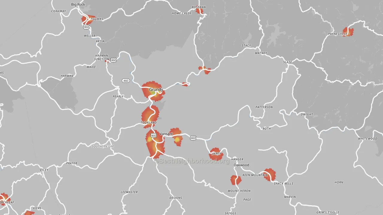 Walk Grade map of Buchanan County, VA, walkable areas in green and car-dependent areas in red