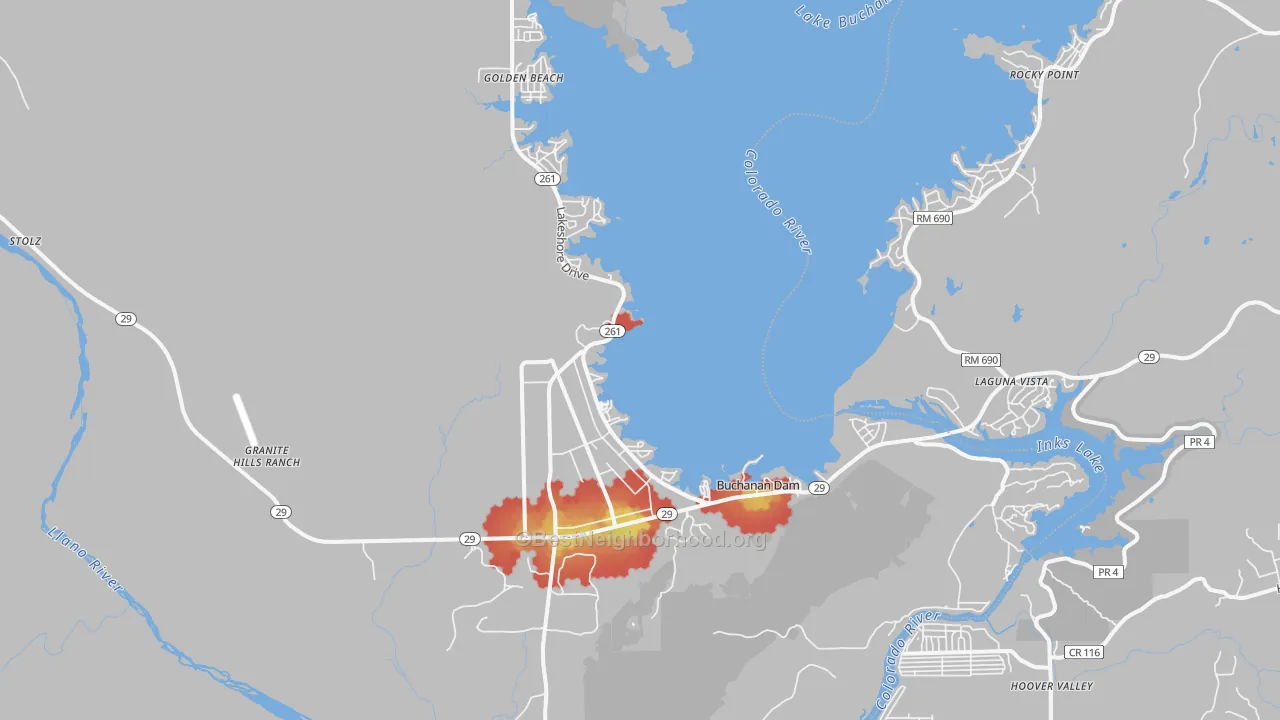 Walk Grade map of Buchanan Dam, TX, walkable areas in green and car-dependent areas in red