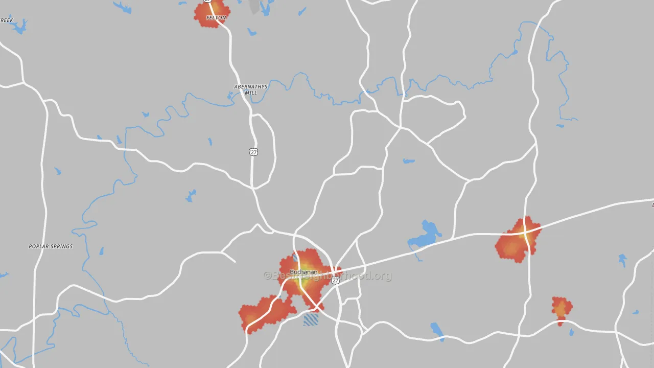 Walk Grade map of Buchanan, GA, walkable areas in green and car-dependent areas in red
