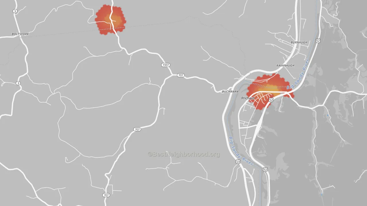 Walk Grade map of Buchanan, KY, walkable areas in green and car-dependent areas in red