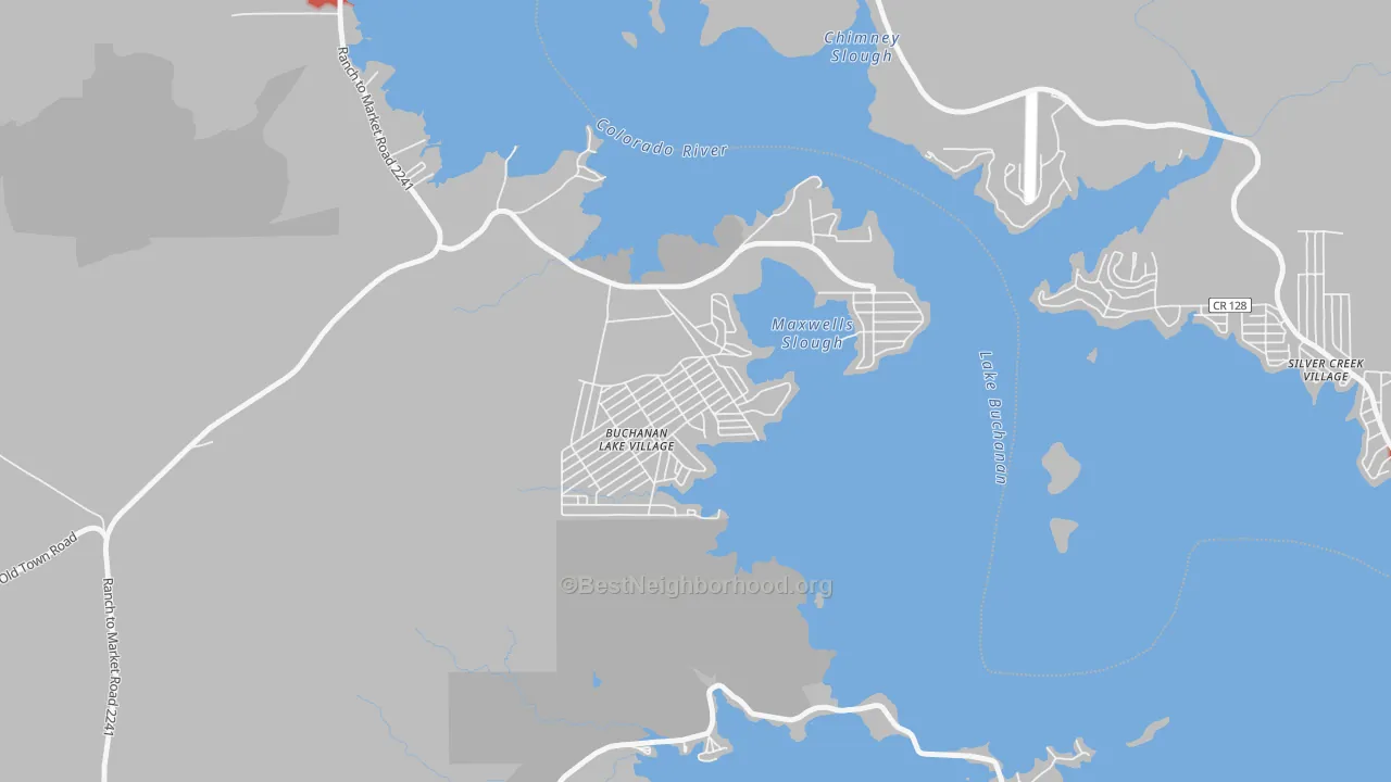 Walk Grade map of Buchanan Lake Village, TX, walkable areas in green and car-dependent areas in red