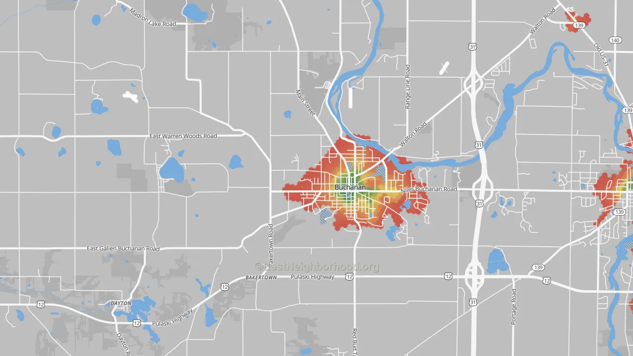 Walk Grade map of Buchanan, MI, walkable areas in green and car-dependent areas in red