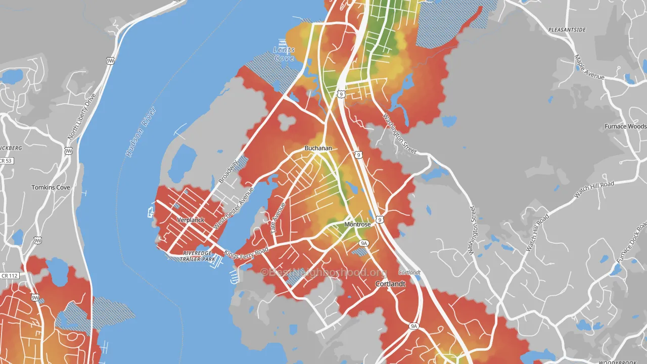 Walk Grade map of Buchanan, NY, walkable areas in green and car-dependent areas in red