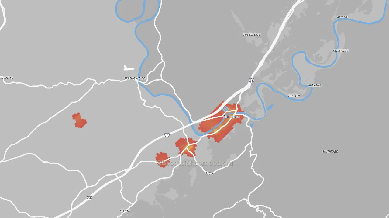 Walk Grade map of Buchanan, VA, walkable areas in green and car-dependent areas in red