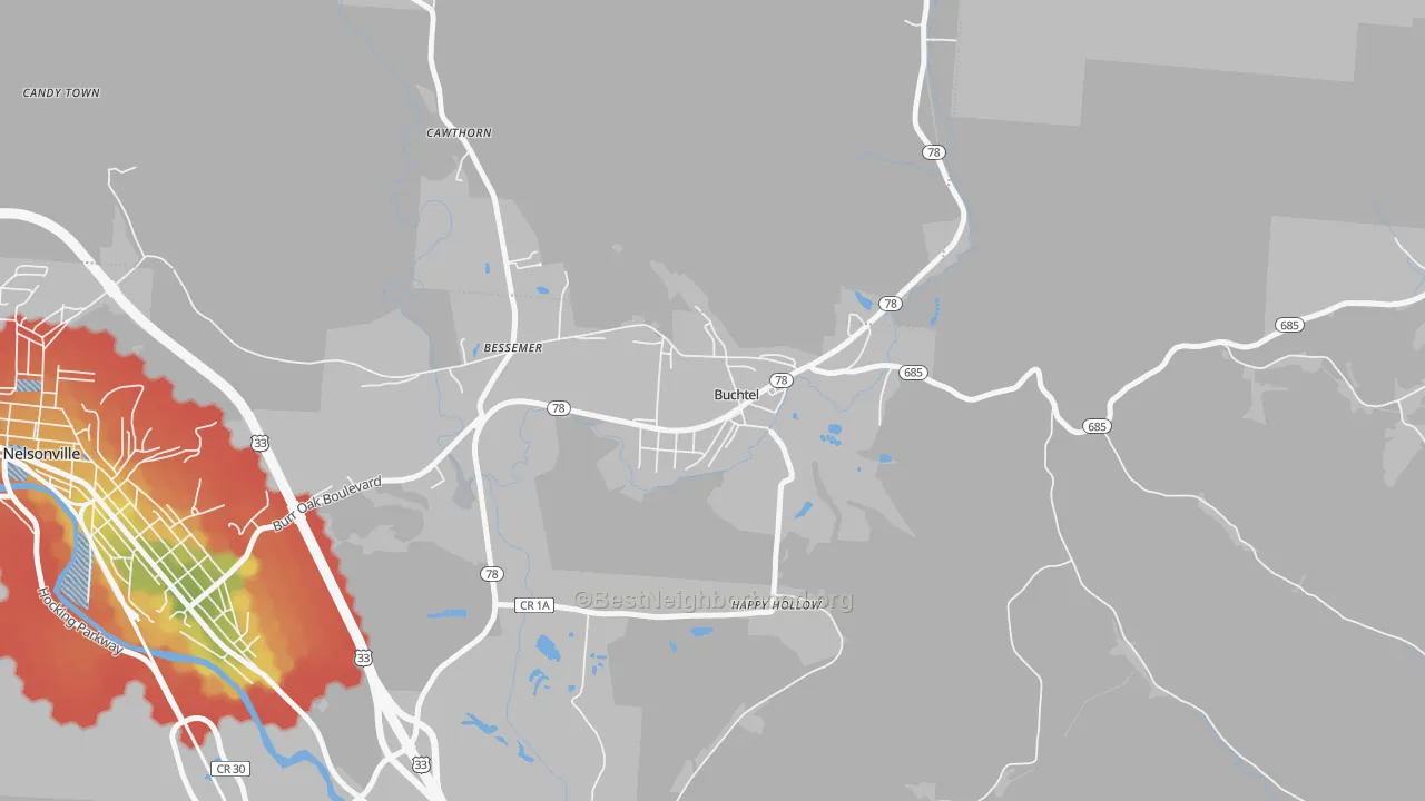 Walk Grade map of Buchtel, OH, walkable areas in green and car-dependent areas in red