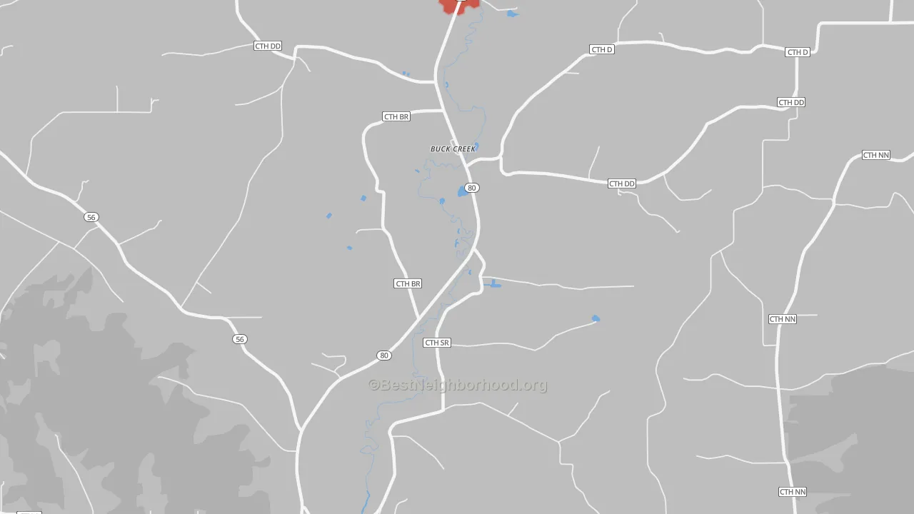 Walk Grade map of Buck Creek, WI, walkable areas in green and car-dependent areas in red