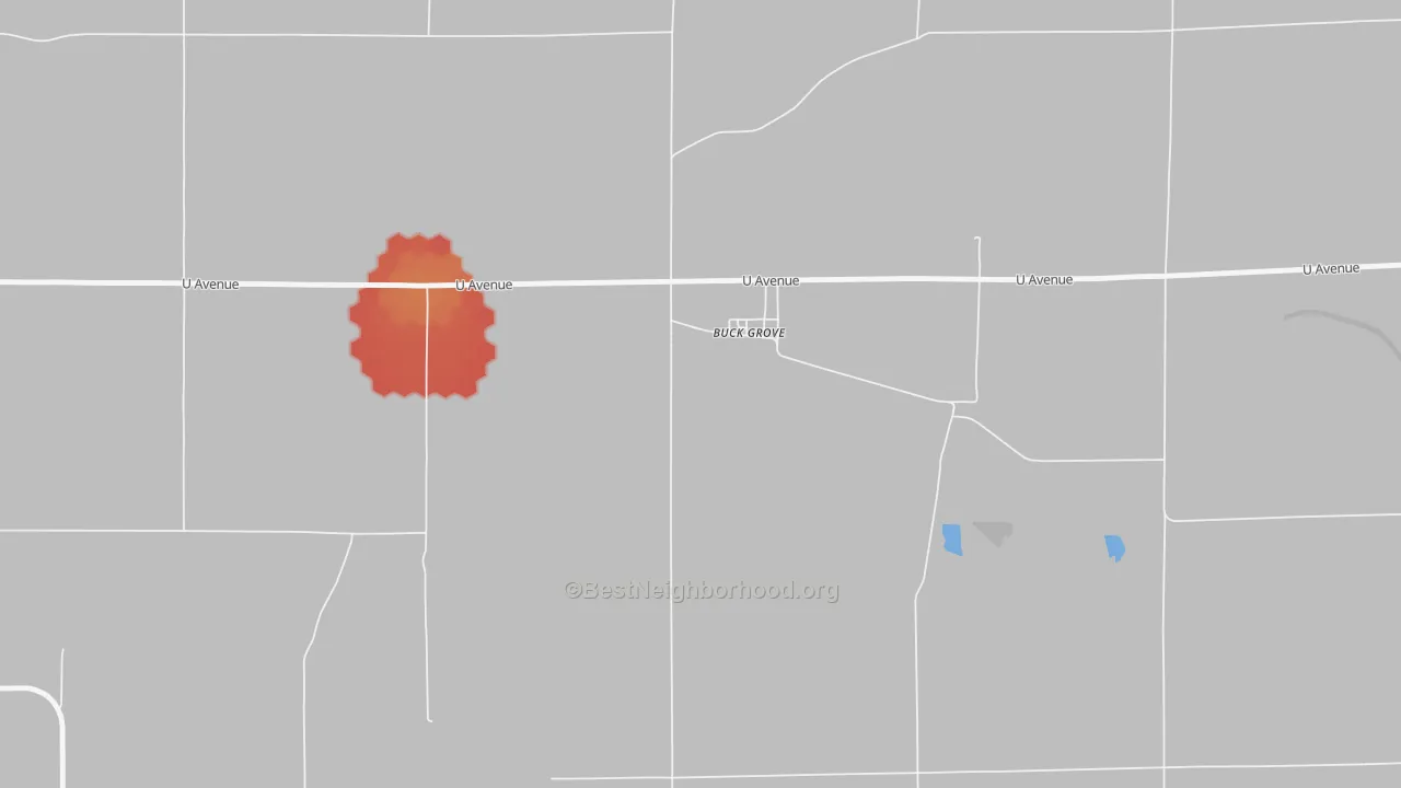 Walk Grade map of Buck Grove, IA, walkable areas in green and car-dependent areas in red