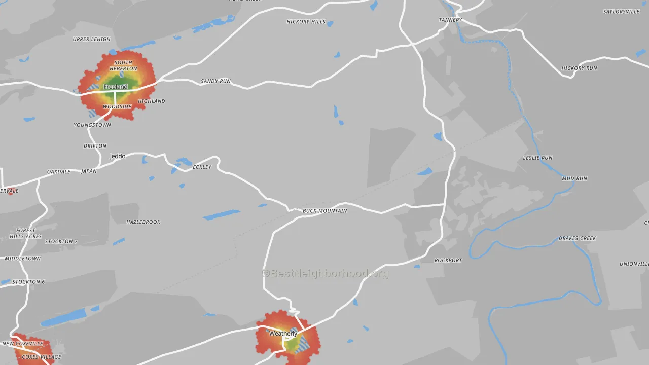 Walk Grade map of Buck Mountain, PA, walkable areas in green and car-dependent areas in red