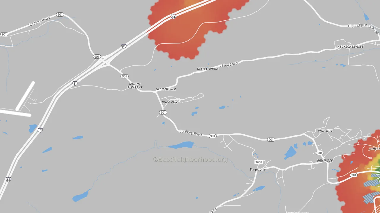 Walk Grade map of Buck Run, PA, walkable areas in green and car-dependent areas in red