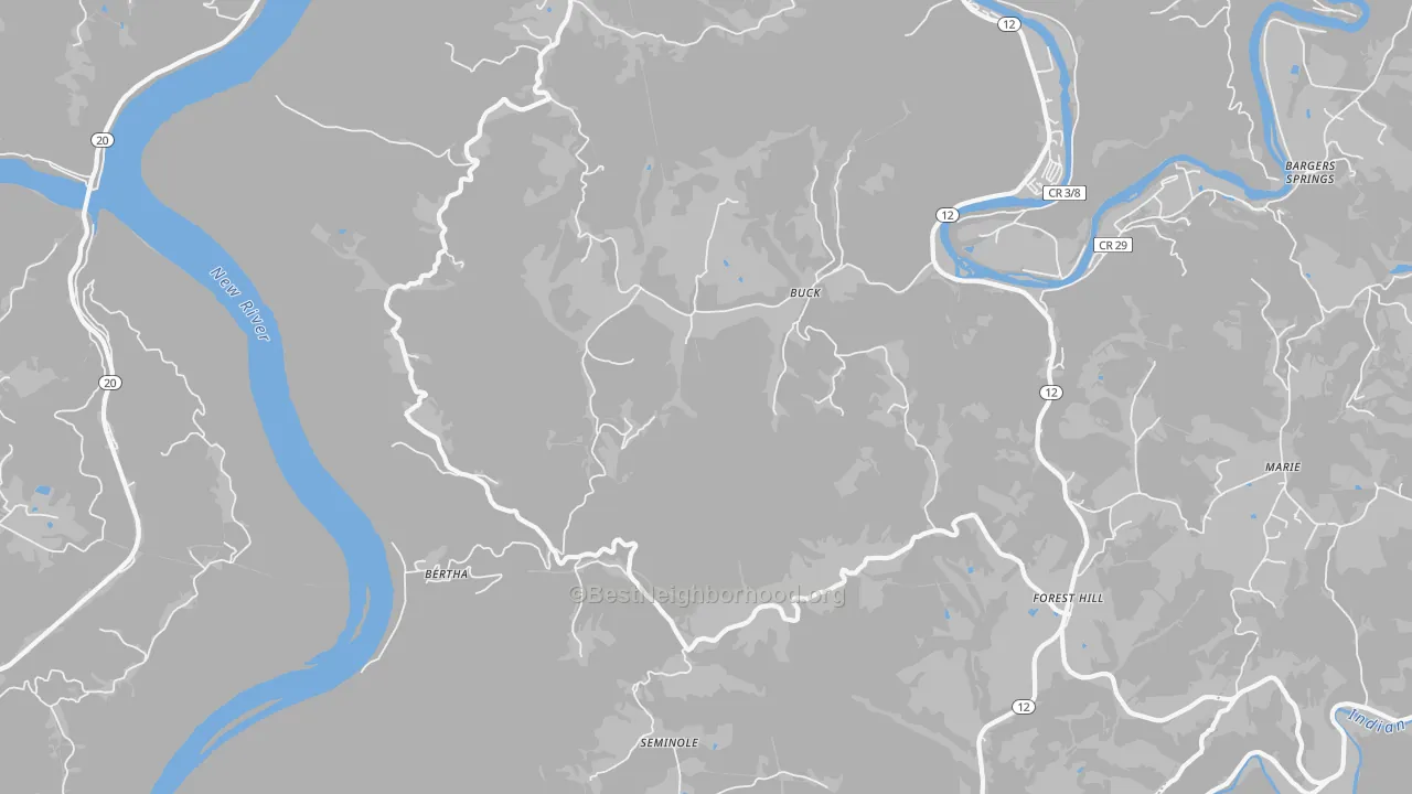 Walk Grade map of Buck, WV, walkable areas in green and car-dependent areas in red