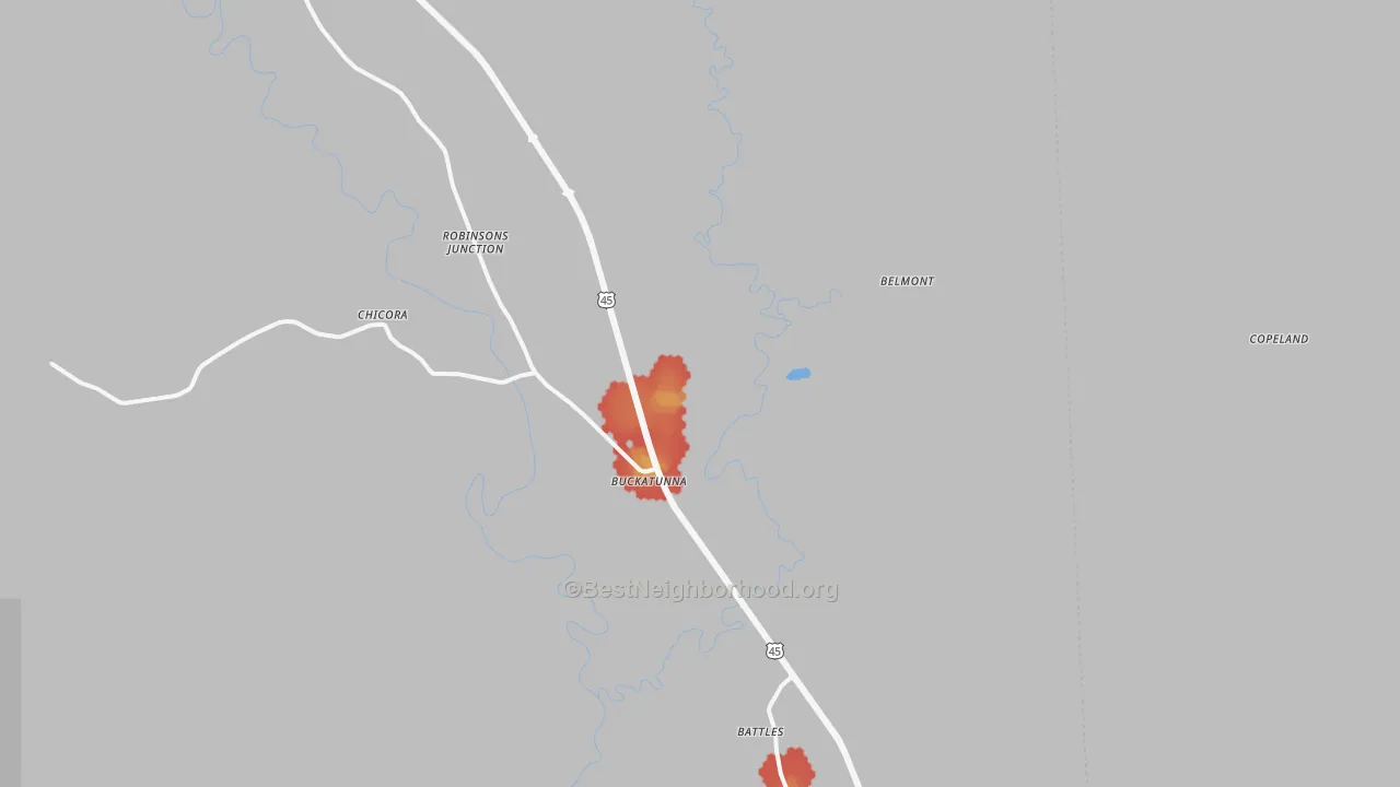 Walk Grade map of Buckatunna, MS, walkable areas in green and car-dependent areas in red