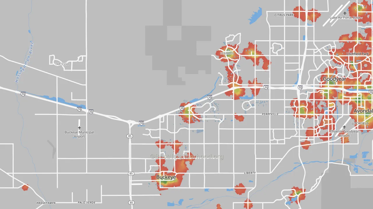 Walk Grade map of Buckeye, AZ, walkable areas in green and car-dependent areas in red