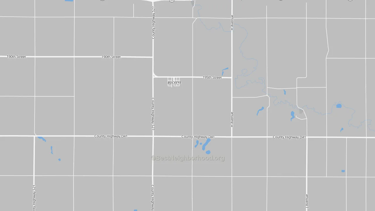 Walk Grade map of Buckeye, IA, walkable areas in green and car-dependent areas in red