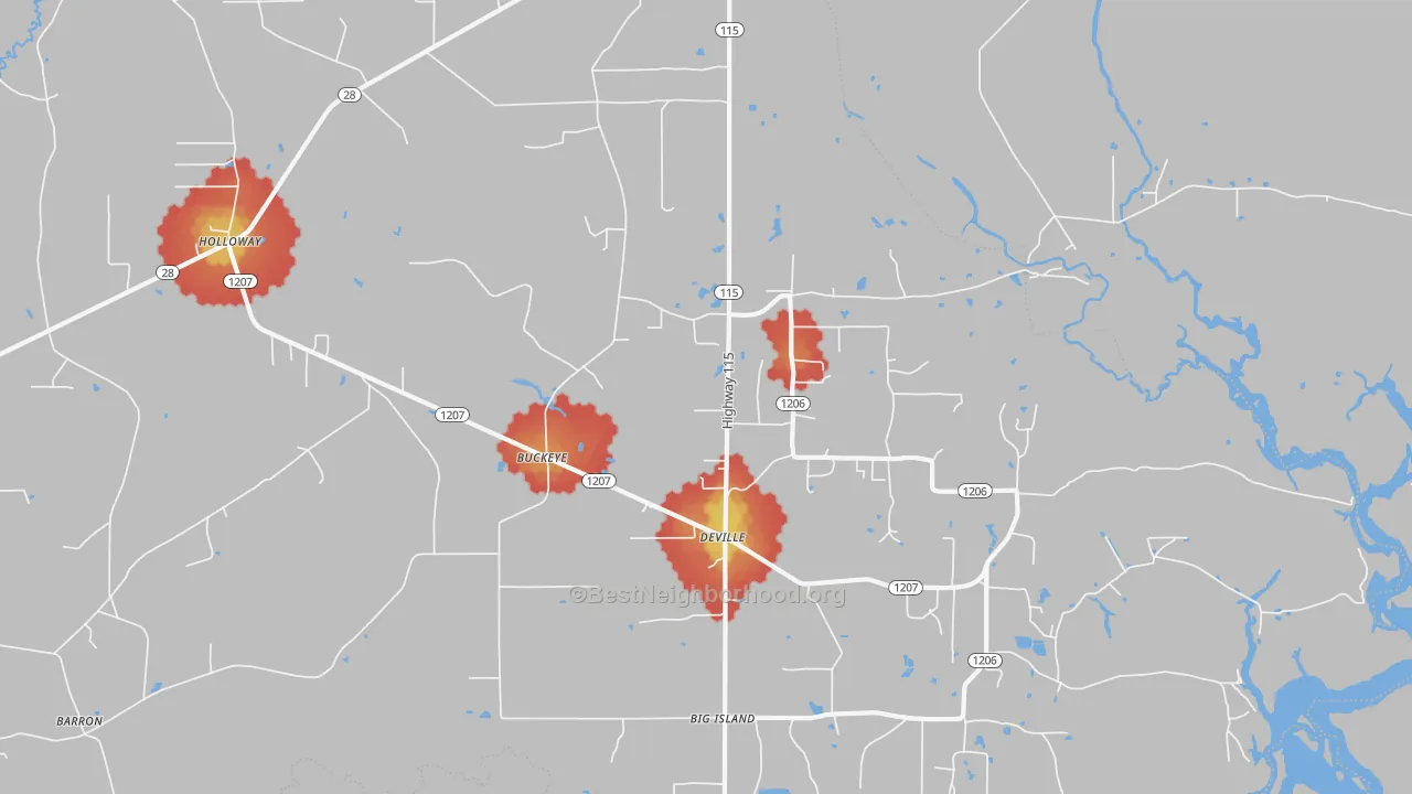 Walk Grade map of Buckeye, LA, walkable areas in green and car-dependent areas in red