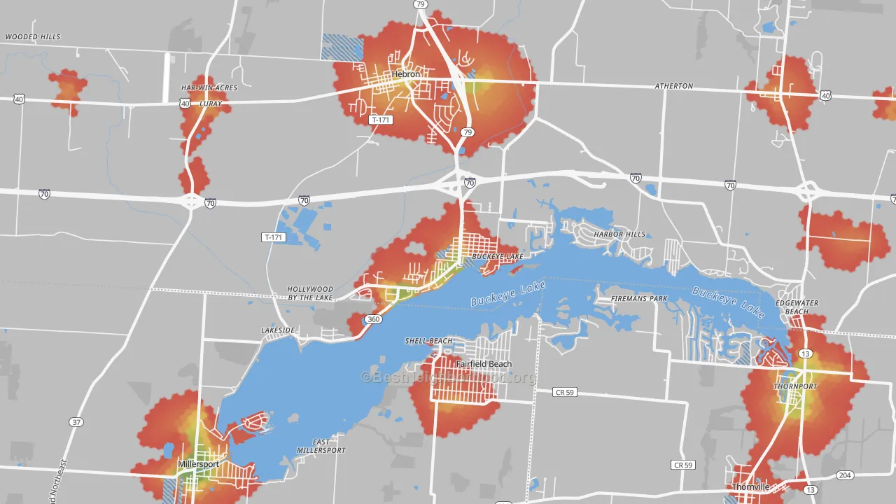 Walk Grade map of Buckeye Lake, OH, walkable areas in green and car-dependent areas in red