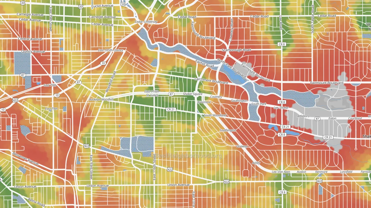 Walk Grade map of Buckeye-Shaker, Cleveland, OH, walkable areas in green and car-dependent areas in red